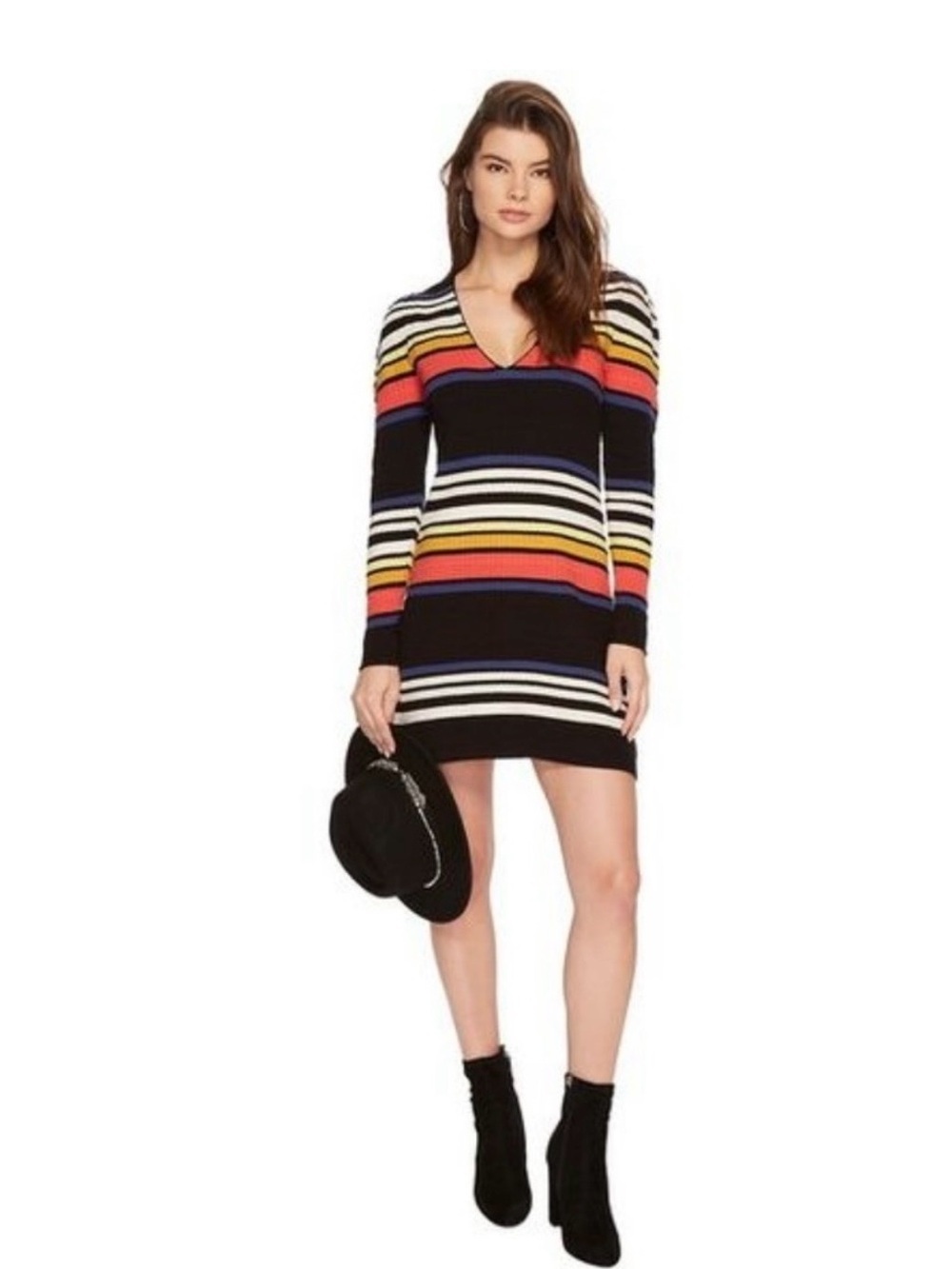 Free People Black Striped V-Neck Mini Dress with Red, Yellow & Blue Stripes
